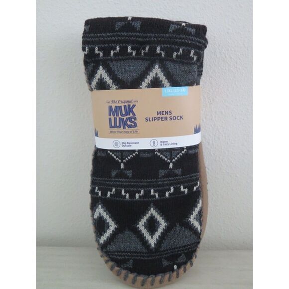 Muk Luks Men's Sz L/XL (11-13) Black/Gray Geometric Slip Resistant Slipper Socks - Picture 1 of 4